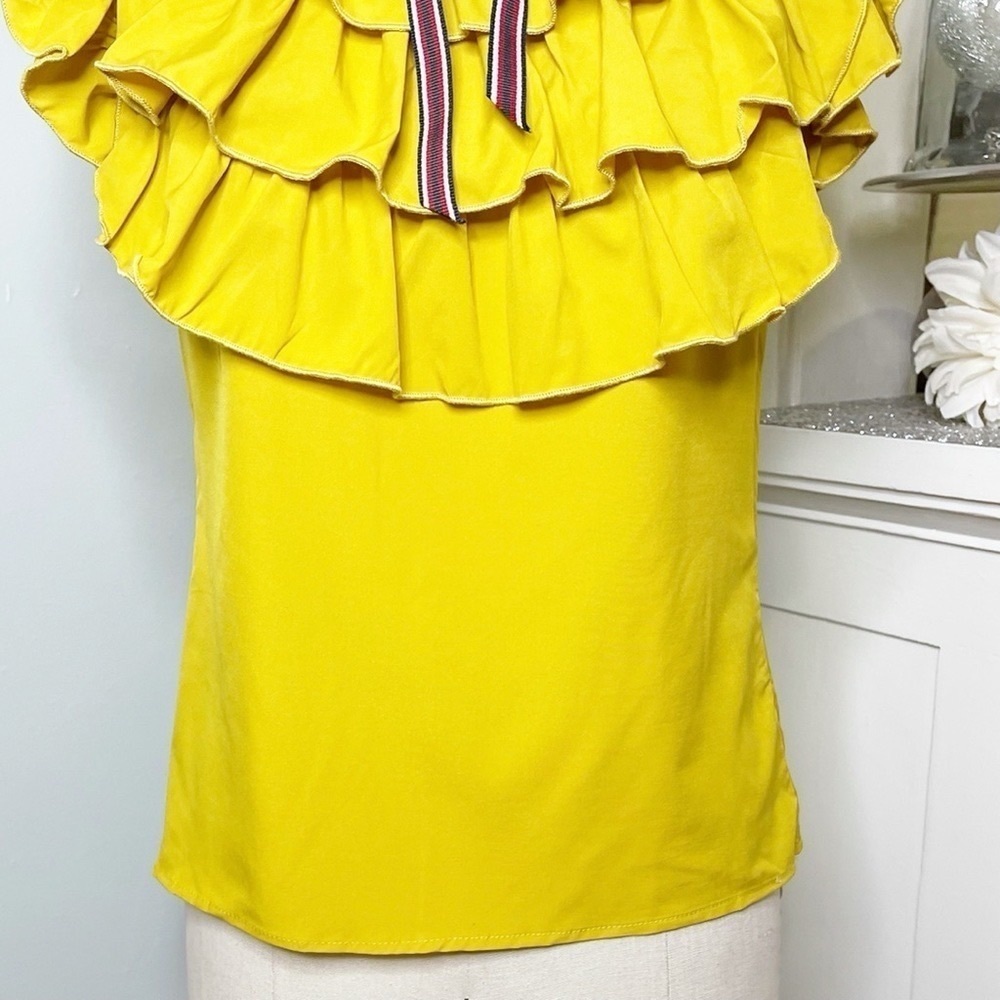 Love Song Mustard Yellow Ruffled High Neck Collared Blouse - Picture 7 of 11